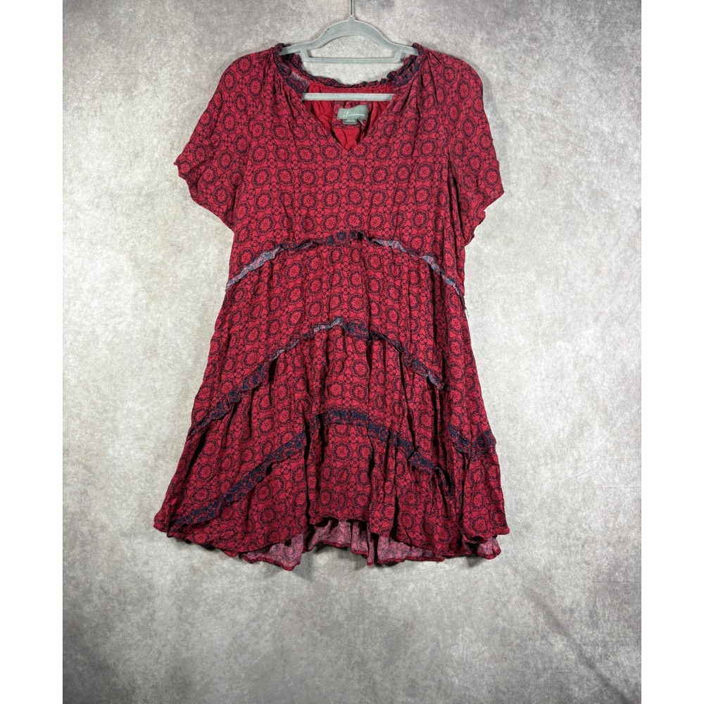 Anthropologie Mini Dress Womens Large Red Floral Tiered Boho V-Neck Short Sleeve